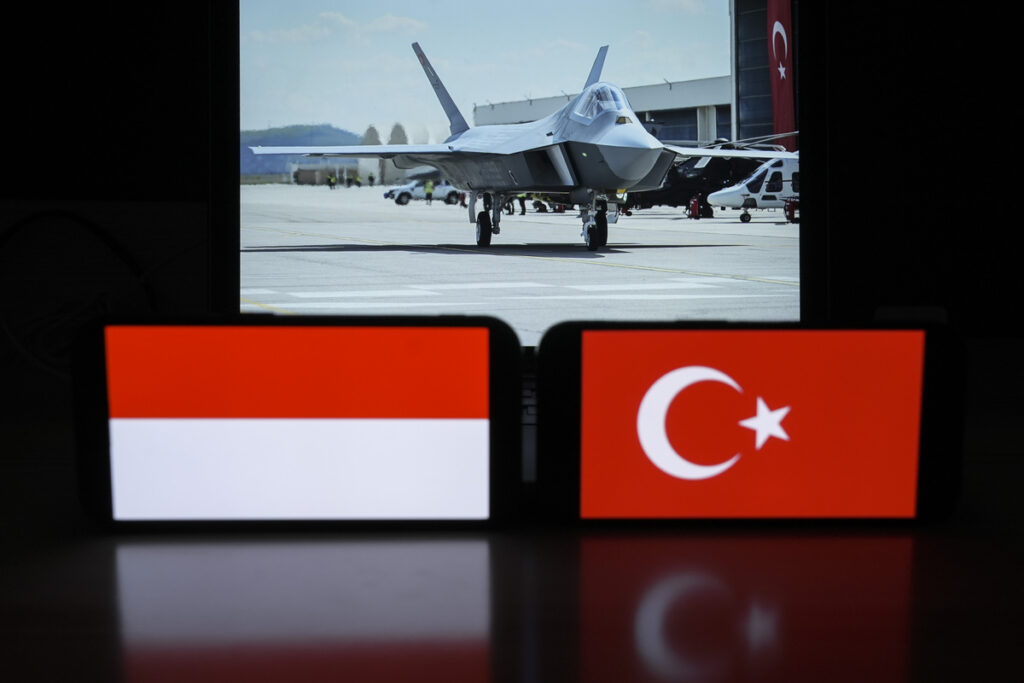 Turkish flag, Turkish national fighter jet KAAN and Indonesian flag